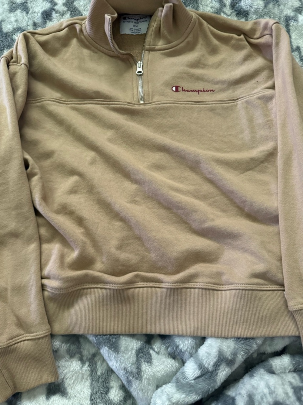 Champion Men’s Half-Zip Sweatshirt in Light Brown with Red Logo